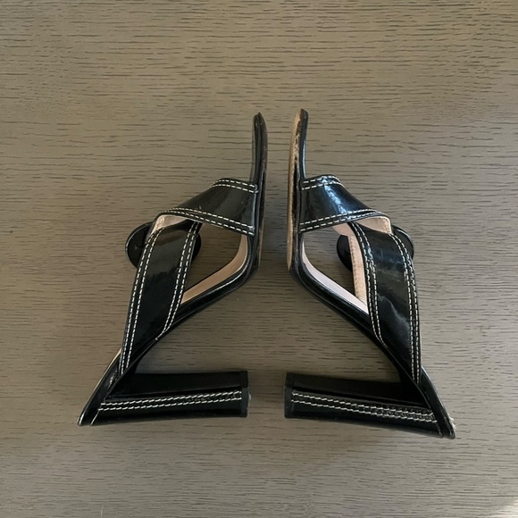 PRADA | Luxury Black Leather White Stitch Criss-Cross Buckle Heel | Size 37.5 - Picture 4 of 10